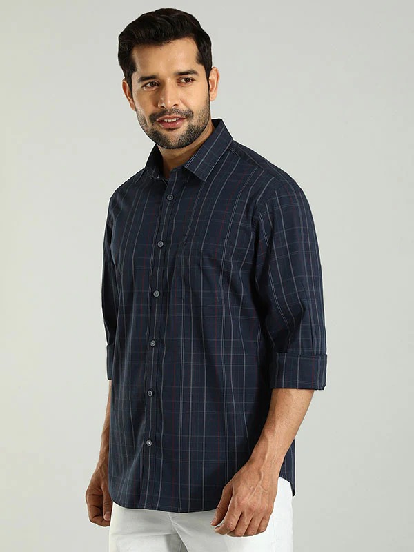 Indian Terrain Men's Regular Fit Full Sleeve Checkered Navy Shirt